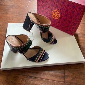 Tory Burch Topanga mule Block Sandal Heel Navy Blue leather size 10